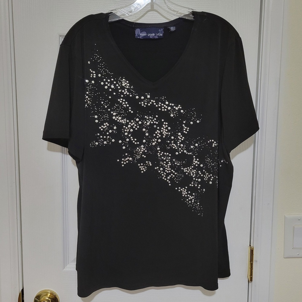 Susan Graver Style Black V-Neck Embellished Stud‎ Top XL Short Sleeve Stretch